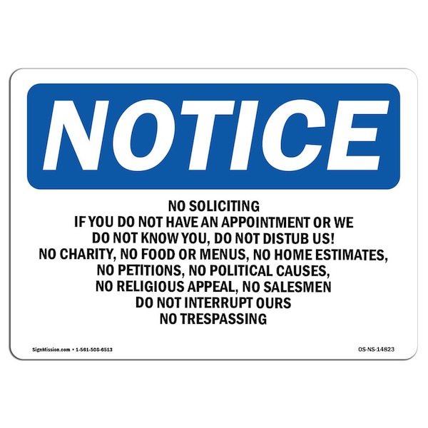Sign, 18" H, 24" W, Rigid Plastic, No Soliciting If You Do Not Have An Appointment Sign, Landscape